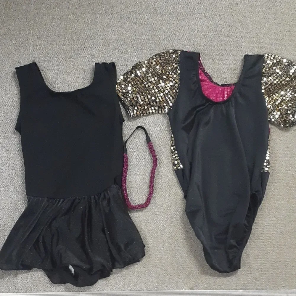 4 pc bundle of unicorn leortard‎ and flashy dancer, hair pc, white pantyhose.